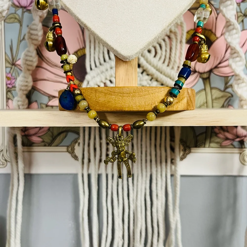 Vintage Tribal Prayer Necklace‎ | Gemstone Beads Brass Pendant | India